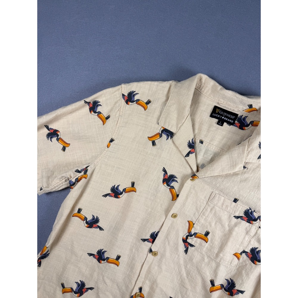Guinness x Lucky Brand Toucan Print Camp Shirt Mens Large Cream Short Sleeve L
